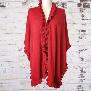 Worthington Open Front Draped BOHO Red Cardigan Sweater Ruffle Hem Sleeveless